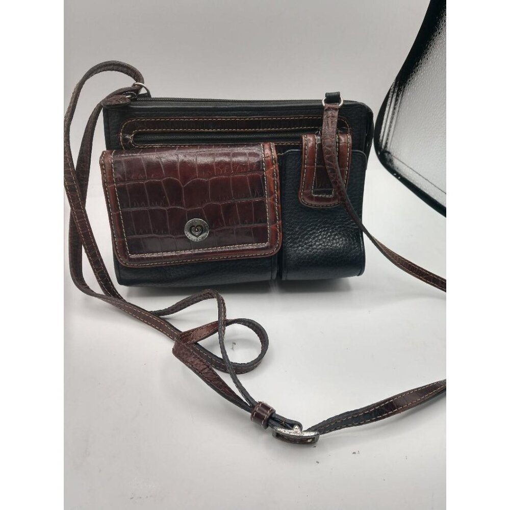 Vintage Black Brighton Leather Crossbody Bag With Brown Croc Embossed Flap & Adj